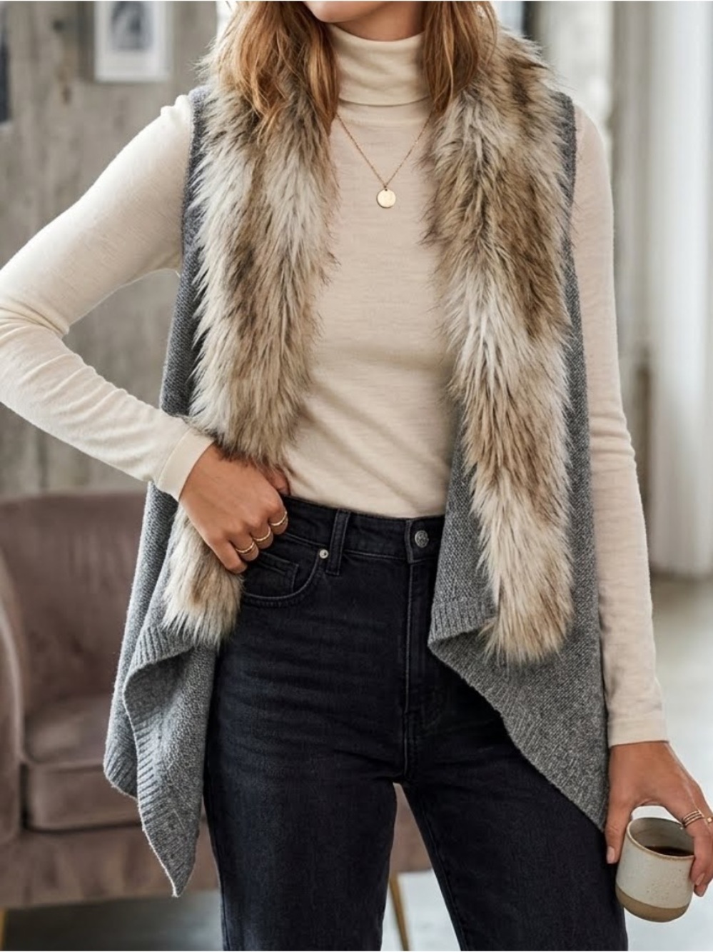 ANTHROPOLOGIE | Skies Are Blue Manhattan Knit Vest Faux Fur Lined Cardigan Small
